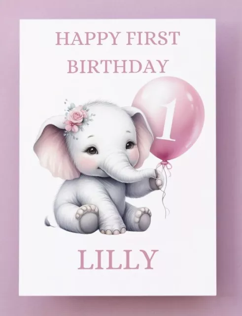 Personalised 1st Birthday Card, Girl First Birthday Card, Cute Baby Elephant
