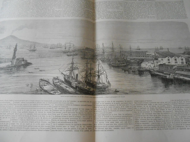 Gravure 1863 - Revue Navale dans la Rade de Naples