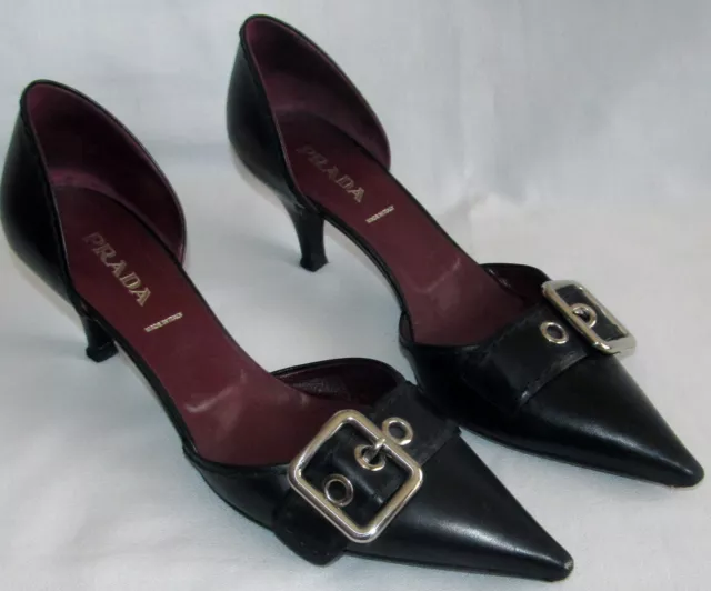 PRADA Black Vintage Buckle Pointed Toe Kitten Heels Shoes Womens Size 39.5 9.5