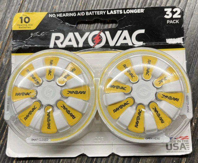 Baterías para audífonos Rayovac talla 10, pestaña amarilla (32 unidades)