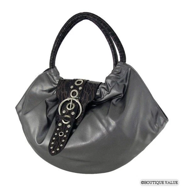 Pewter Brown Moc Croc 2 Handles Fan Tote Handbag Purse NEW