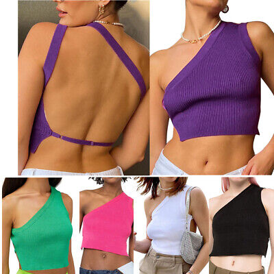 Womens Sexy One Shoulder Ribbed Crop Top Vest Stretch Backless Tank Clubwear