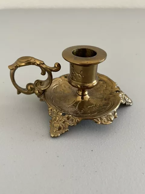 Vintage Solid Brass Chamber Candle Holder With Ornate Handle 2.25” Tall