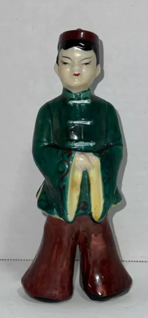 Vintage Japanese Porcelain Figurine Boy. Made in JAPAN. Green Jacket. 7" Tall.