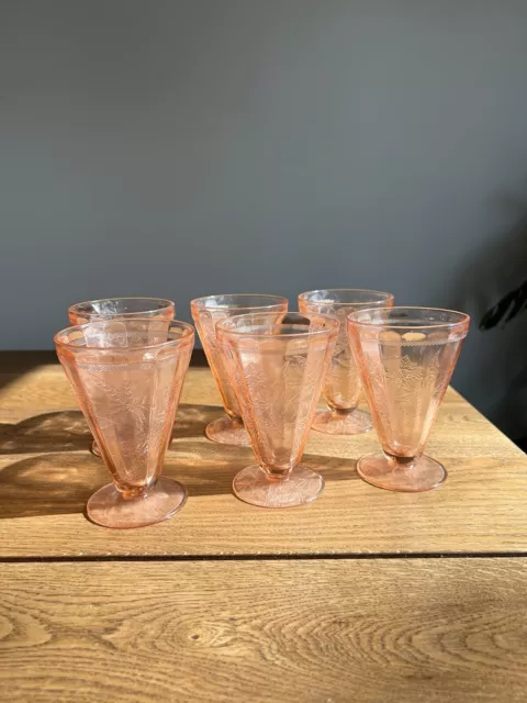 Jeanette PINK DEPRESSION Glass with Floral POINSETTIA Six 7 oz Glasses