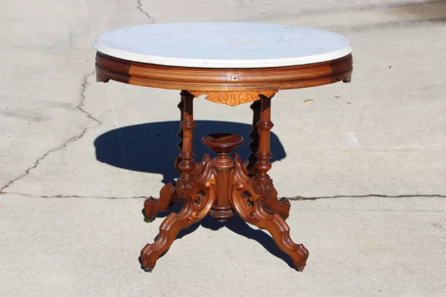 Fancy Renaissance Revival Large Walnut Victorian Marble Top Table