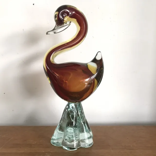 Murano Art Glass Swan Bird Duck Brown Red Yellow Amber Figurine Long Neck