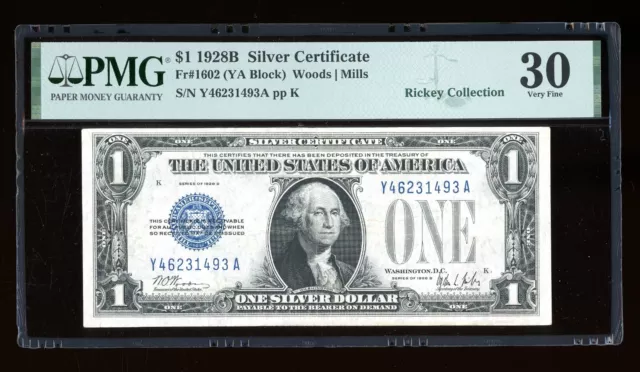 DBR 1928-B $1 Silver Funnyback Fr. 1602 YA Block PMG 30 Serial Y46231493A