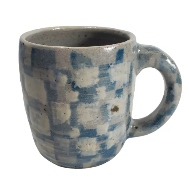 Hand Thrown Studio Art Pottery Coffee Mug Blue White Square Cup Signed by Artist