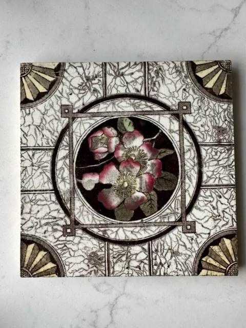Antique original transfer print Victorian Tile Aesthetic Brown Cream Pink Floral