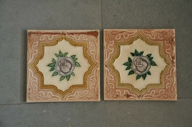2 Pc Vintage T.S Mark Flower & Star Embossed Ceramic Tiles,Japan