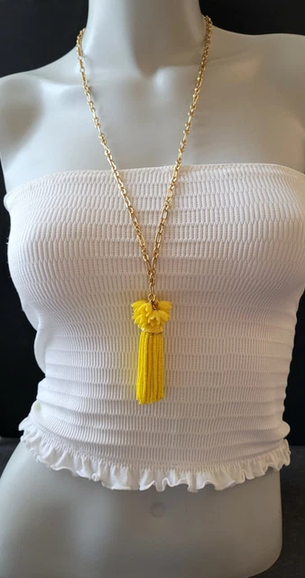 J. Crew Long Statement Necklace Gold Chain Seed Bead Glass Tassel Flower Cluster