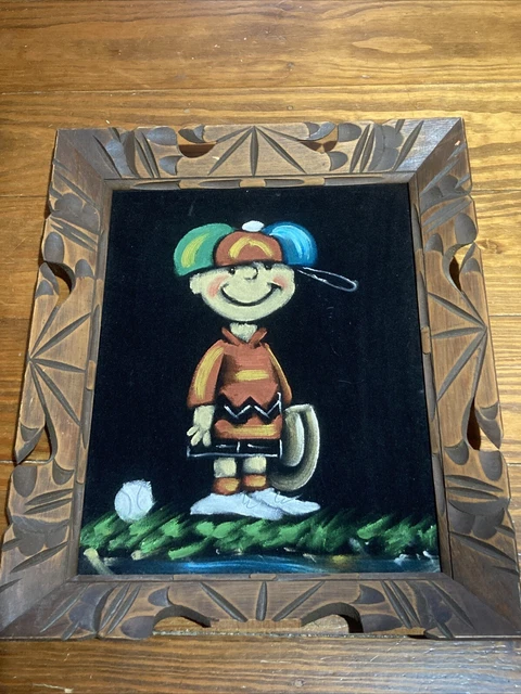 VINTAGE 70S CHARLIE Brown Baseball Velvet Oil Painting Canvas