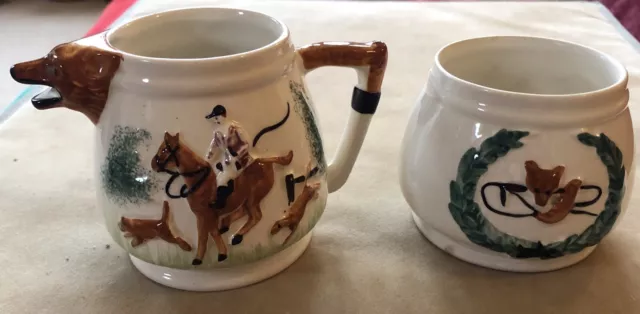 Vintage PPC Portland Pottery Horse Ride Fox Hunting Milk Jug & Sugar Pot England