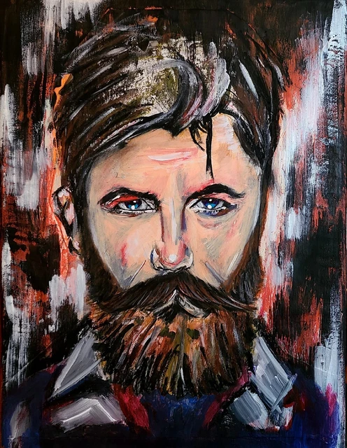 Collage: Mixed-Media Painting On Linen Fabric Canvas. The Fierce Eyed Man.