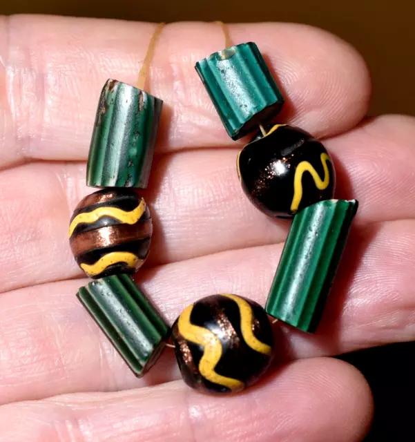 Antique Venetian Green Four Layer Chevron Black Gold Stripe Beads African Trade