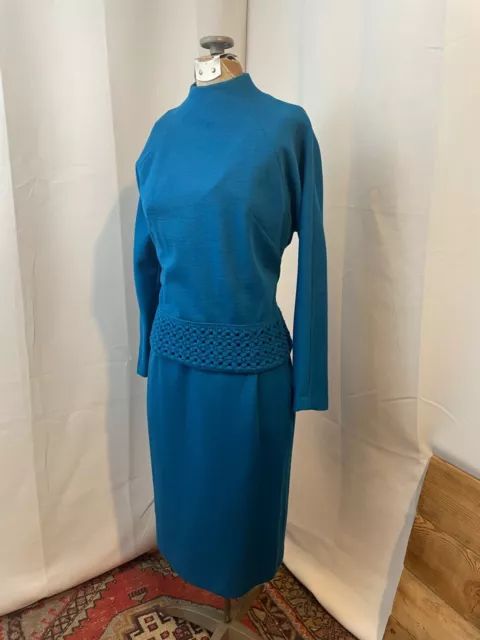 1960s Vintage Mod Dress Suit 2 piece Teal Peacock Blue Boho Tunic Pencil Skirt S