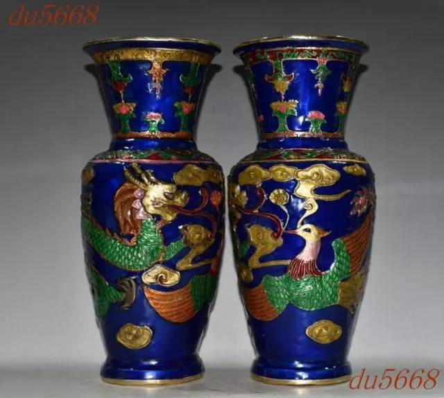 11.2"bronze Cloisonne dragon loong Phoenix bird Bottle Pot Vase Jar Statue pair