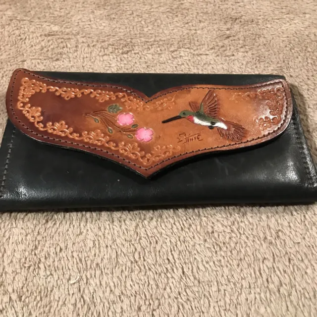 Women’s Hand Tooled And Painted Leather Checkbook And Wallet D. Stine Signed Art