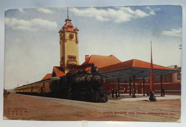 Union Station & Train Springfield Ill IL RR Central Steam Engine Posted 1912 1H