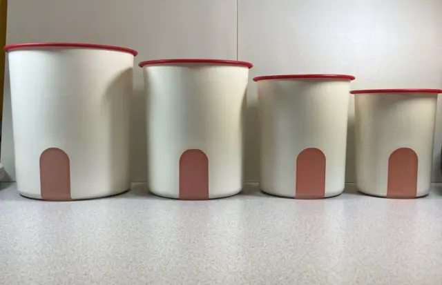 Tupperware One Touch Nesting Canisters Set of 4 - White w/Red Lids