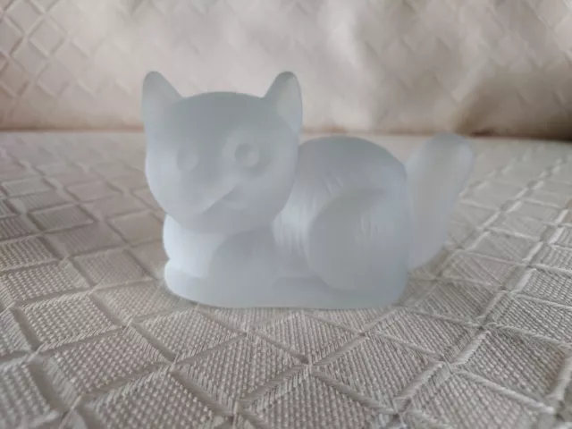 Vintage Frosted Satin Glass  Paperweight Cat with Raised Details