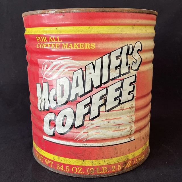 Vintage  McDANIEL'S coffee tin can 34.5 oz McDaniels Rust Crusty Moran Food StL