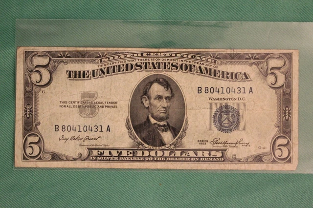 1953 Five Dollar Silver Certificate $5 Bill Blue Seal Note Circulated