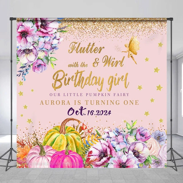 Pink Floral Pumpkin Blue Round Birthday Backdrop