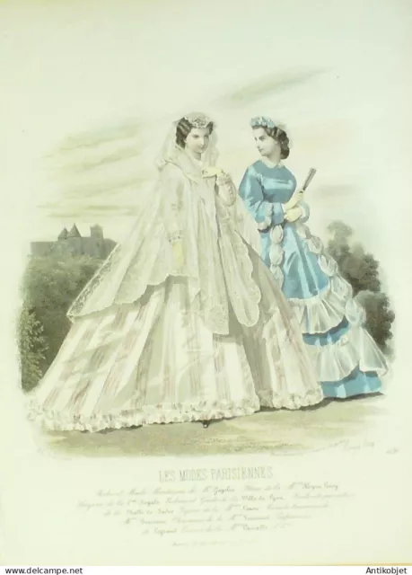 Gravure Modes parisiennes 1864 n°1120 Robes de voiles et lin brodées