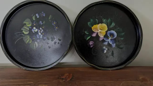 Pair of Vintage Tole Hand Painted  Black Metal 11" Trays  Pansys and Violets