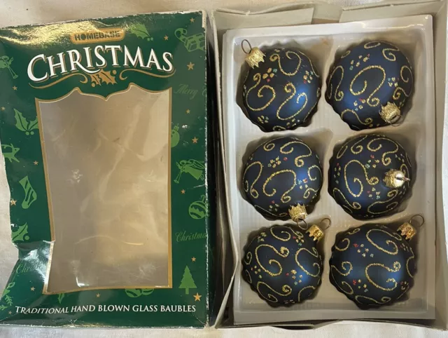 Vintage Box Of 6 Hand Blown Glass Christmas Tree Baubles Blue And Glitter VGC