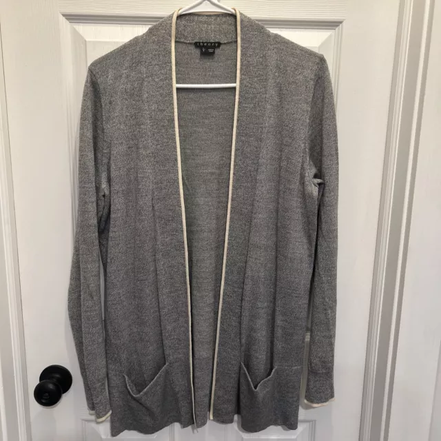 Theory Womens Size Large Merino Wool Knit Long Sleeve Open Cardigan Sweater Gray