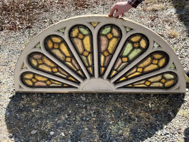 Amazing Antique Kiln-Fired Stained Glass Gothic Arch For Repurpose