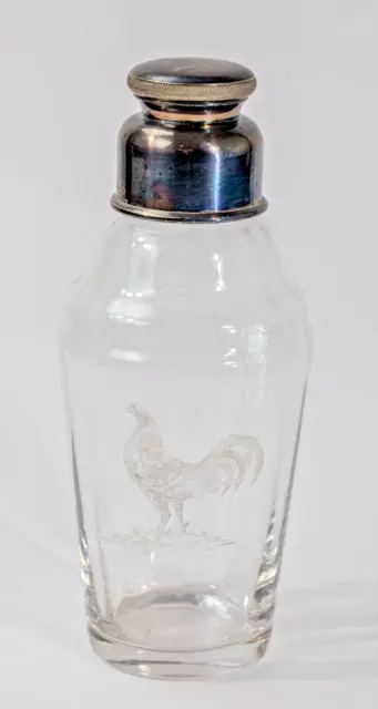 Vintage Glass Cocktail Shaker Etched with Cockerel and Cork Stopper. Home Bar