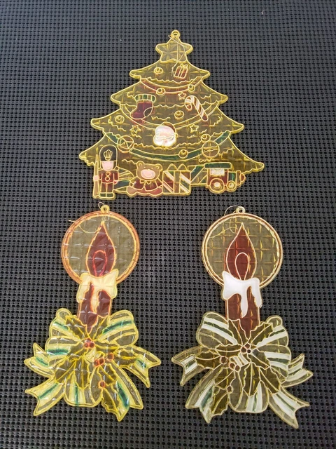 3 Vintage Sun Catchers Faux Stained Glass Plastic Christmas Window Ornaments