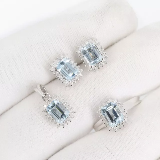Naturel Aigue-Marine Diamants 14k or Blanc Bijoux Set Anneau Pendentif Oreilles