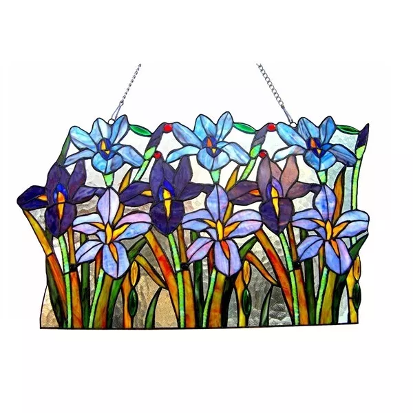 24" Tiffany style stained glass iris floral garden hanging window panel