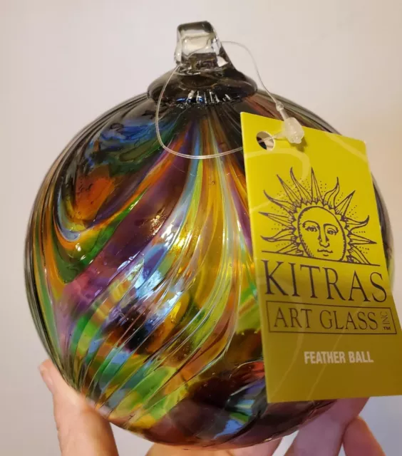 Kitras Art Glass Feather Ball Hand Blown Red Orange Green Blue Ornament w/ Box