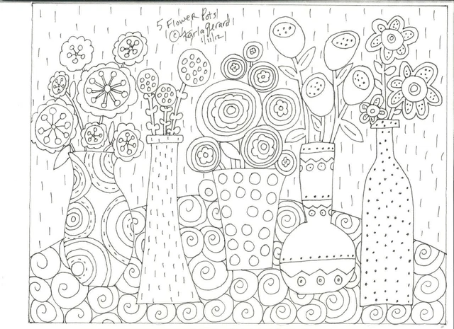 RUG HOOK CRAFT PAPER PATTERN 5 Flower Pots FOLK ART PRIMITIVE Karla Gerard