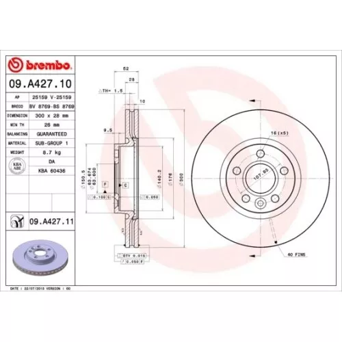 2 Bremsscheibe BREMBO 09.A427.11 PRIME LINE - UV Coated