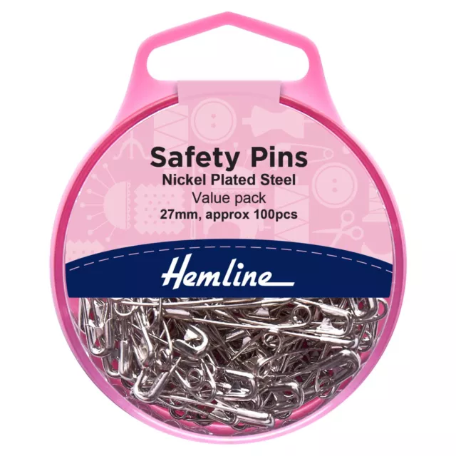 Hemline Safety Pins x 100 27mm Boxed nickel plated steel value pack