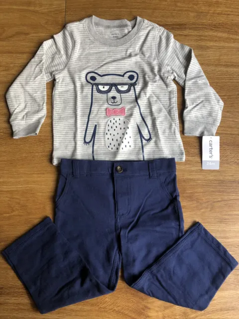 Carters Girls 24 Months Gray Blue BEAR WITH GLASSES 2 Piece Shirt Pant Set - New