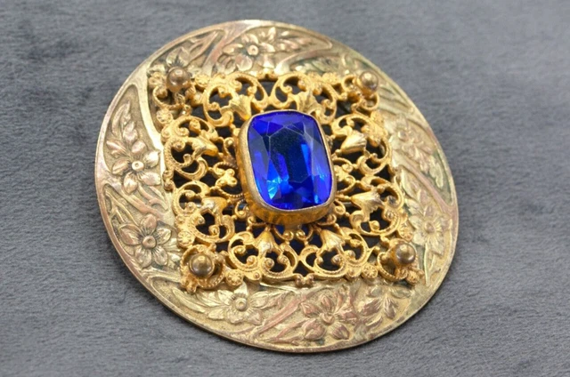 Vintage Antique Victorian Large Filigree Floral Blue Glass Brooch - Old C Clasp