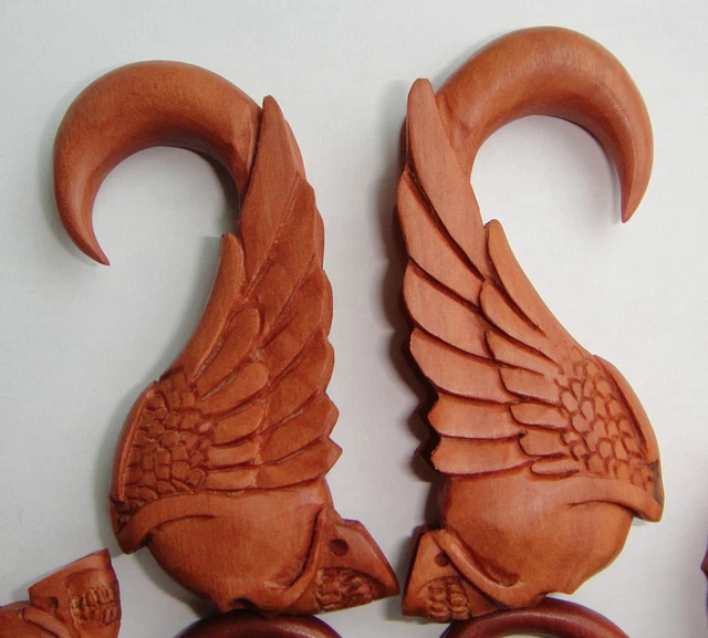 Pair Sawo Wood Hand Carved Skull Ear Hanging Taper Spiral Expander Plugs Gauges 2