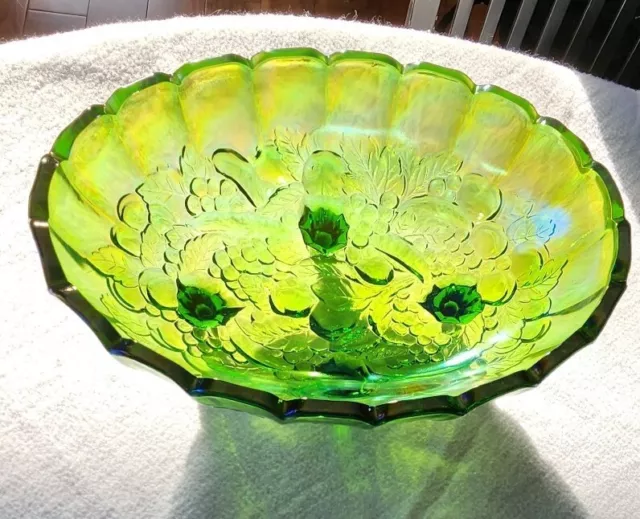 Indiana Carnival Glass Oval Harvest Fruit Green Iridescent Serving Bowl