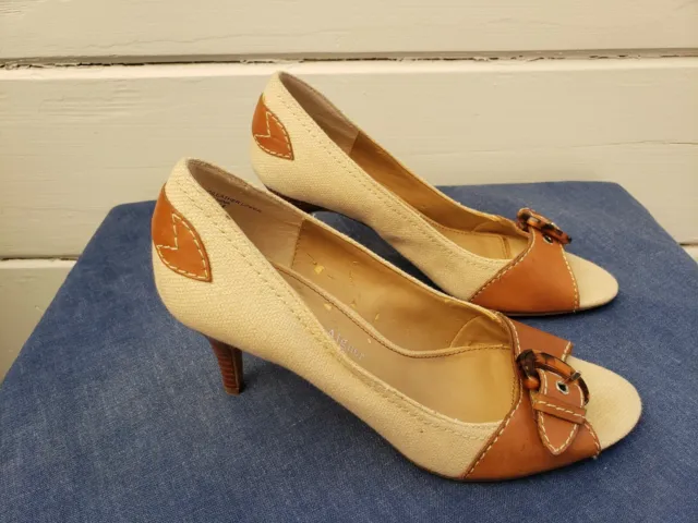 Etienne Aigner Womens 5.5 M Brown and Cream Peep Toe Heels E-Celt Classic Pumps