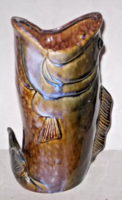 VTG Large Mouth Bass Fish Glazed Ceramic / Pottery Vase BIG Open Mouth Upright