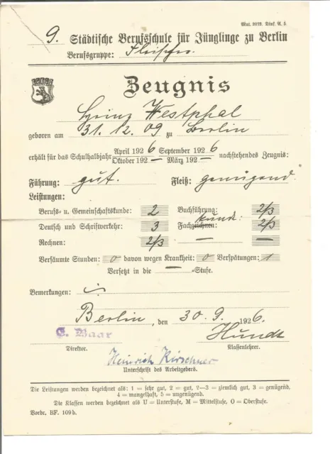 Zeugnis 9. Städtische Berufschule für Jünglinge 1926