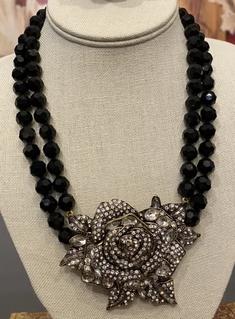 Heidi Daus Enchanted Beauty Necklace Black Bead With Rhinestone Flower